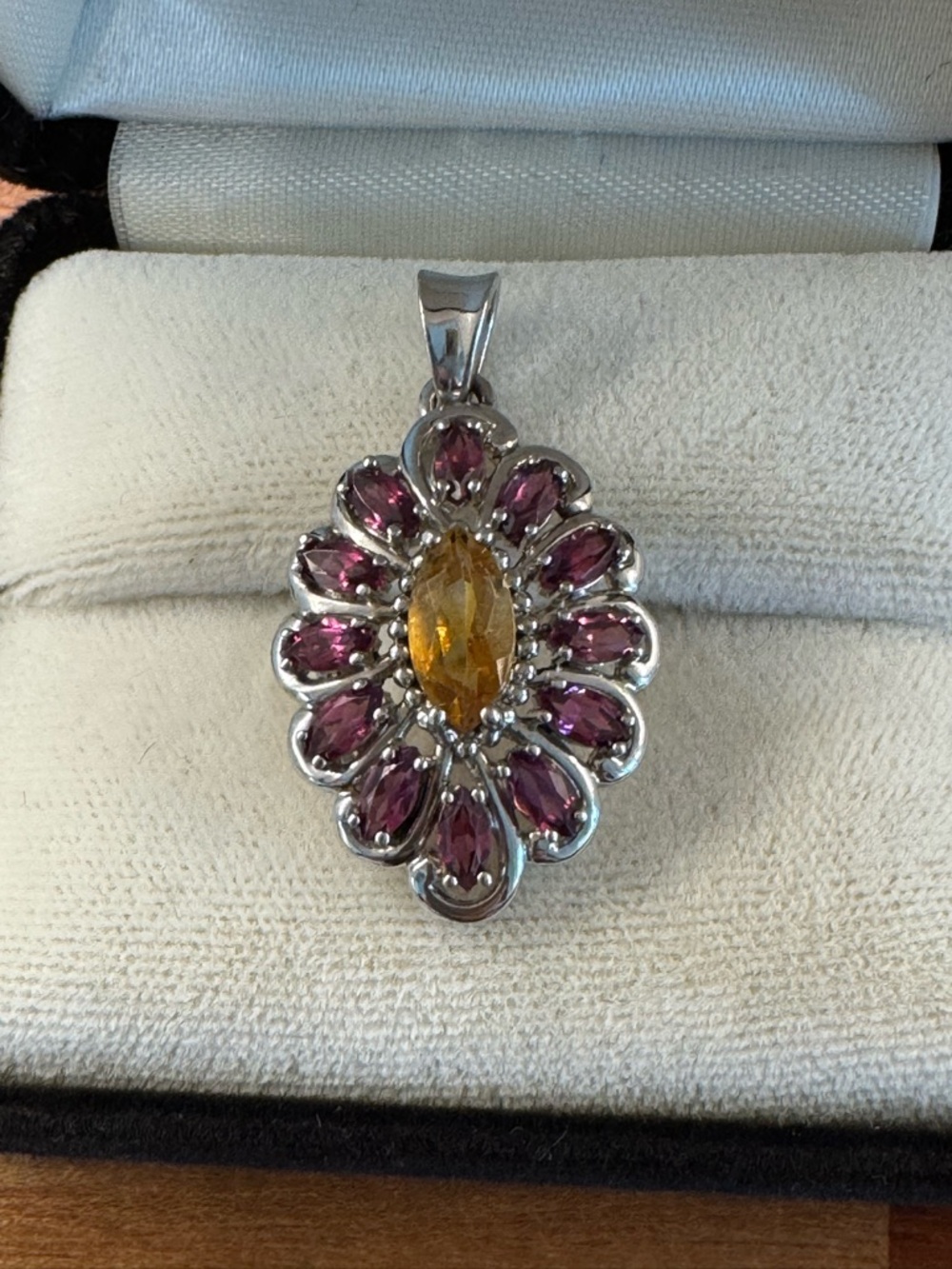 Sterling Floral Citrine & Amethyst Pendant for Necklace - Yellow & Purple